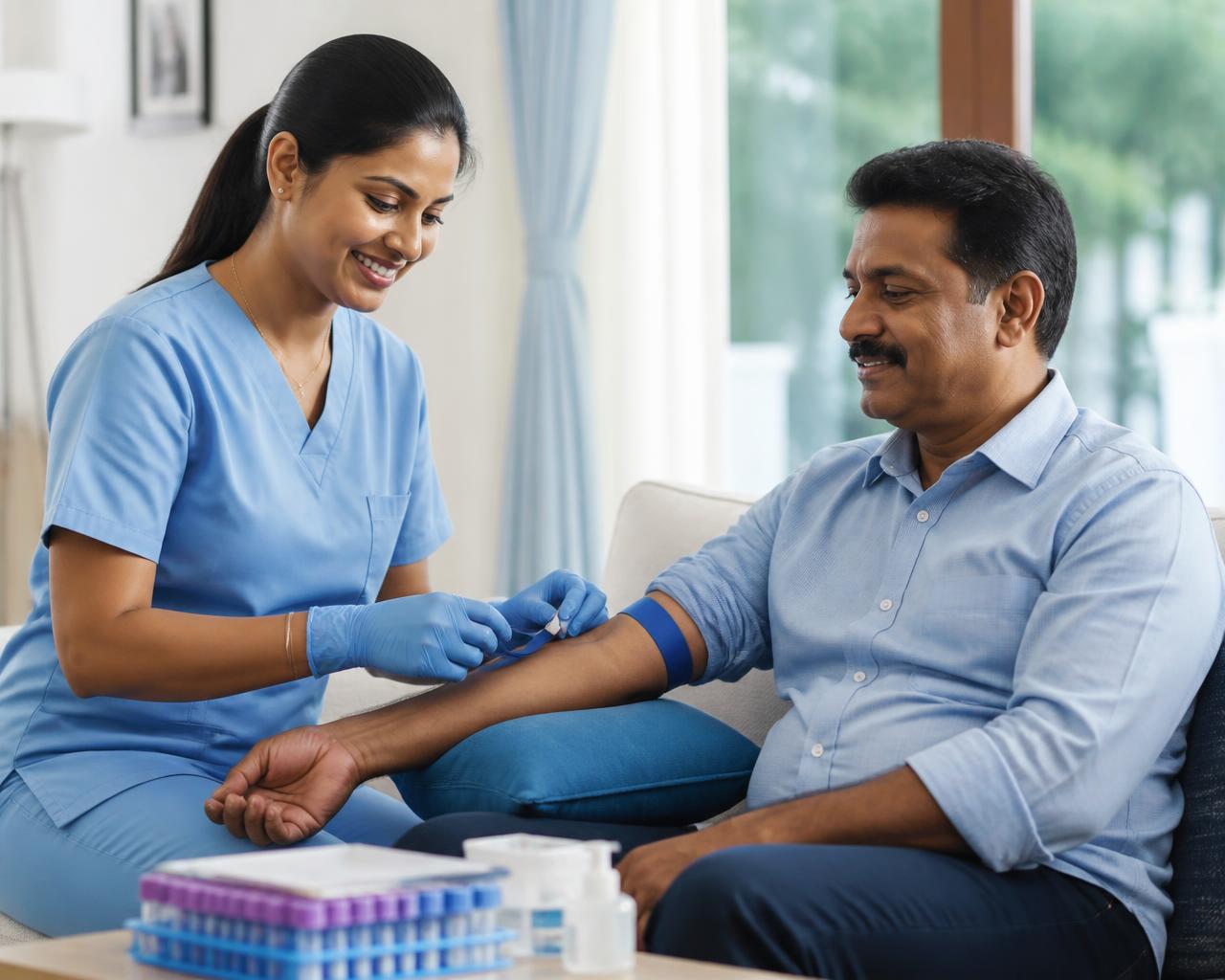 A trained technician collecting a blood sample from a patient at home in Jewar